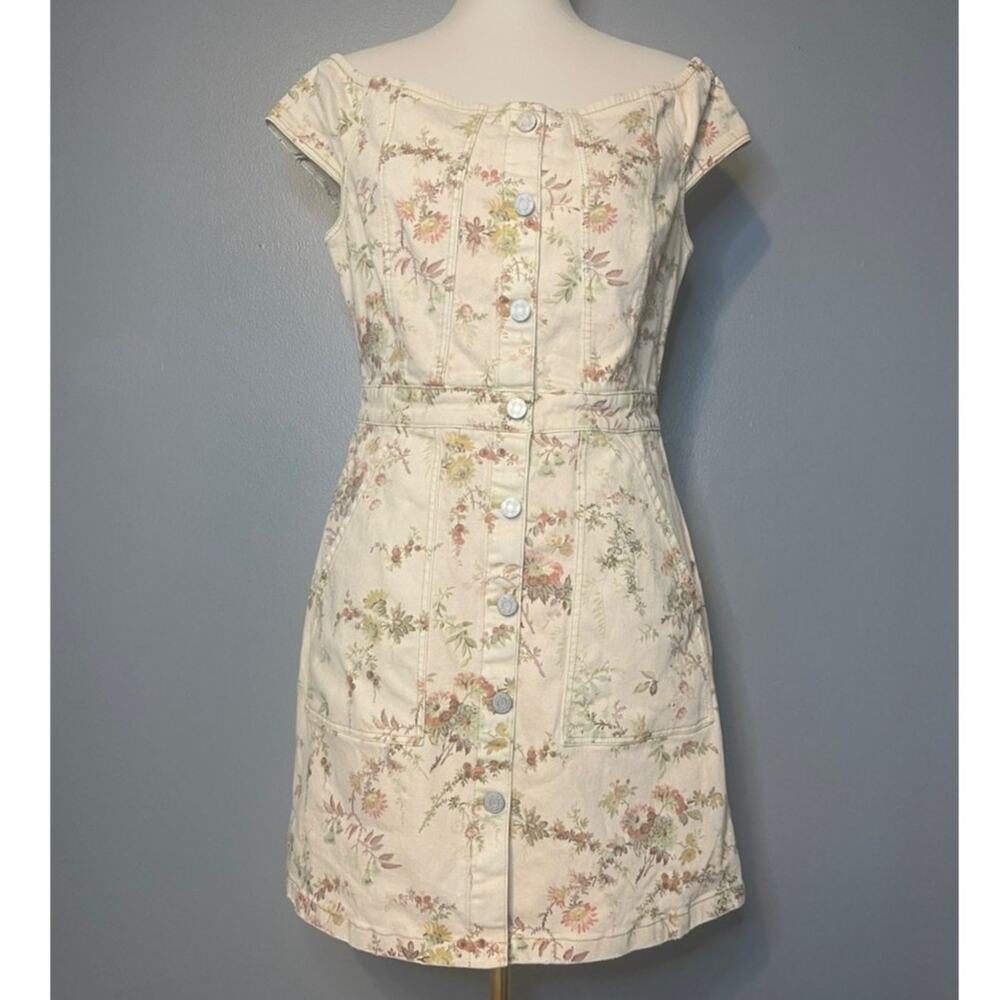 Rebecca Taylor La Vie Large Dress Denim Floral Off the Shoulder Cream Button
